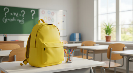 Ready for school: a cheerful yellow backpack on a clean desk, surrounded by classroom essentials.

