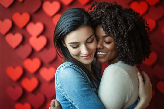 Embracing female couple surrounded by hearts in celebration of love and connection, hearts over diverse female married couple embracing - Powered by Adobe