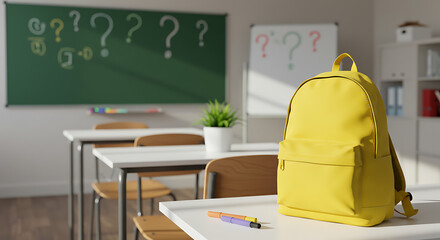Vibrant yellow school backpack awaiting learning in a sunlit, empty classroom with whiteboards.

