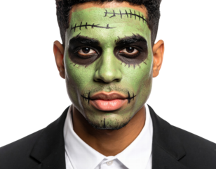 Man with green zombie face paint and black suit looking serious for Halloween