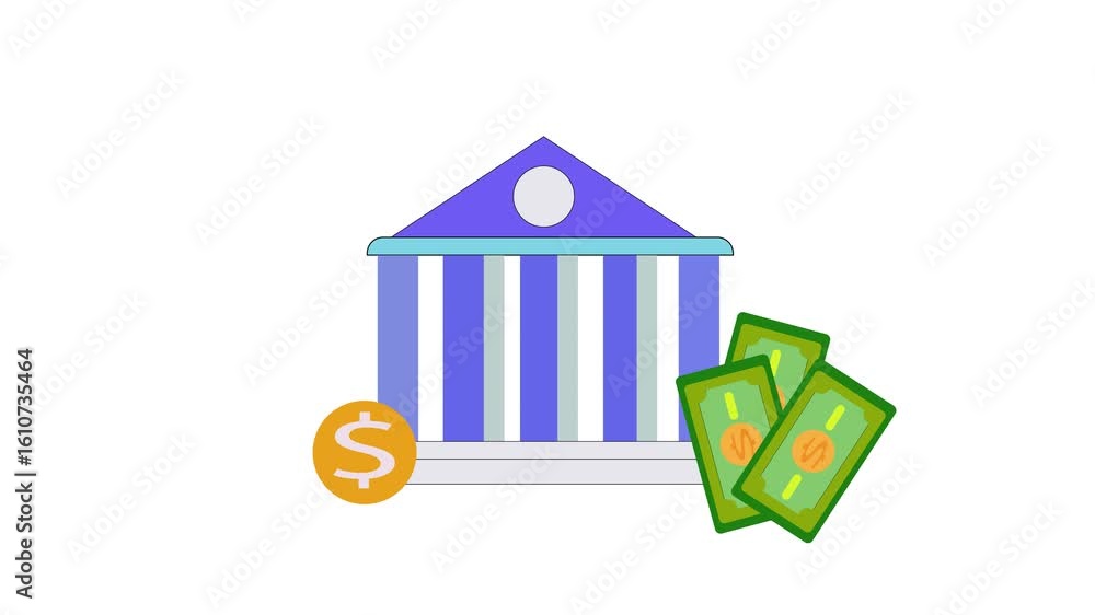 Poster coins and dollar bills forming animated bank background loop. coins and dollar bills forming animate