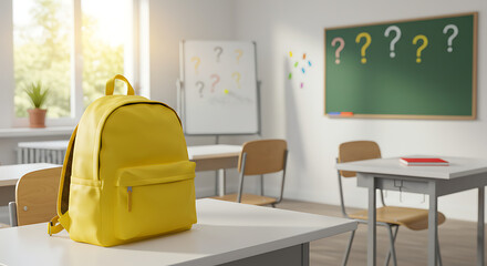 Bright yellow backpack prominently displayed on a classroom desk with markers, bathed in sunlight.

