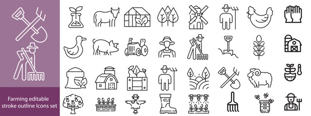 Farming editable stroke outline Icons set. Farming, agriculture, mill, harvesting, vegetables, wheat, milk and egg. Vector illustration