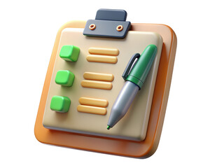 3d rendering of a clipboard with checklist items and pen on background representing task management and organization