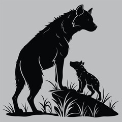 Hyena Mother with Pup Silhouette vector design art and illustration