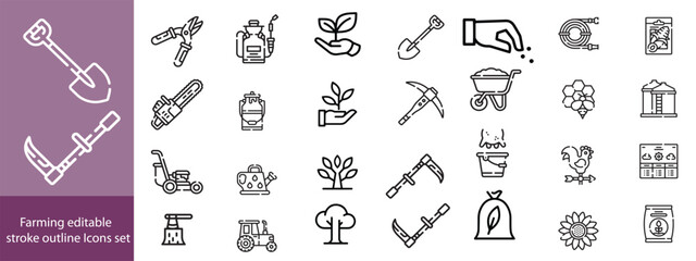 Farming editable stroke outline Icons set. Farming, agriculture, mill, harvesting, vegetables, wheat, milk and egg. Vector illustration