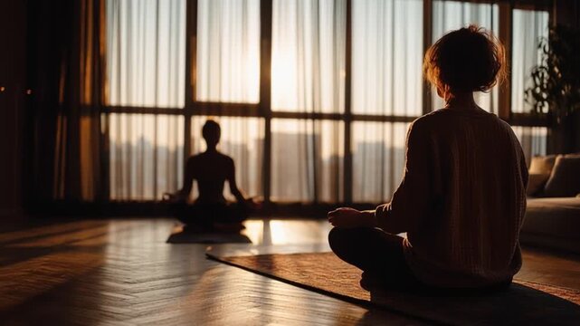 Serene Meditation in Sunlight: A silhouette of a person sits in a yoga pose as morning sunlight floods through the window, creating a peaceful atmosphere of self-reflection and mindful meditation.