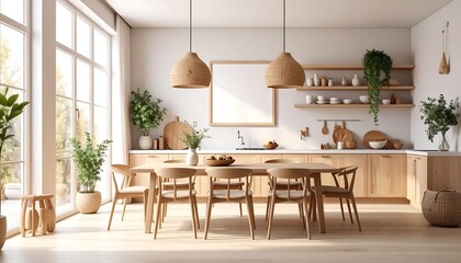 Bright, airy kitchen-dining area with light wood furniture, plants, and large windows