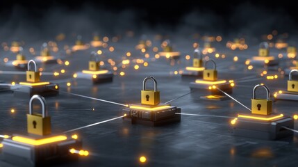 Blockchain Network Security System with Glowing Padlocks.