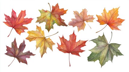 Watercolor painting of nine autumn maple leaves in various colors and shades on white background.