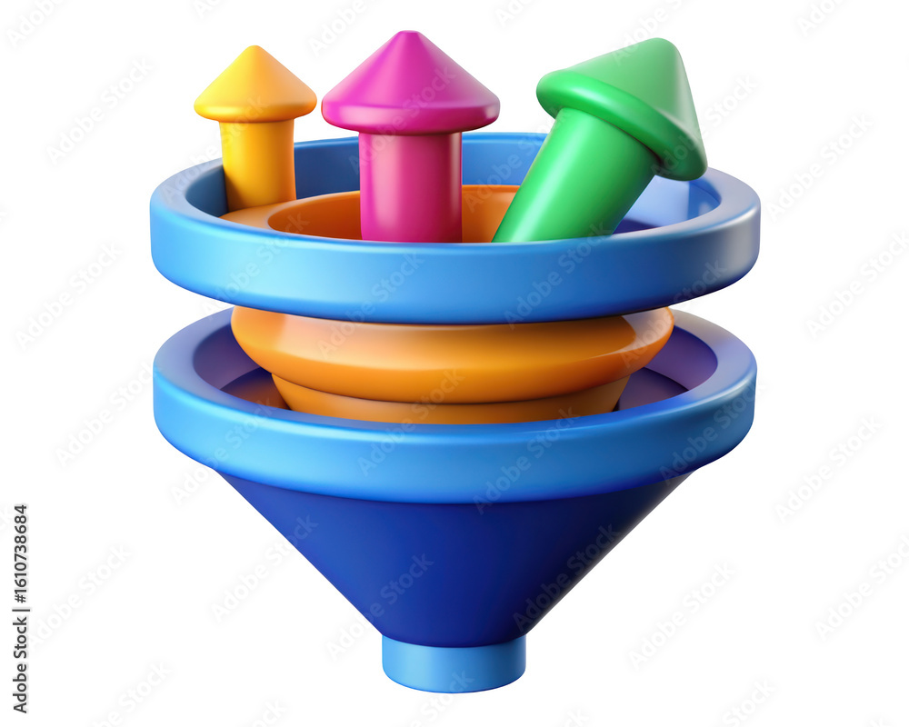 Aufkleber colorful 3d funnel with arrows on background represents conversion rate optimization and sales proce