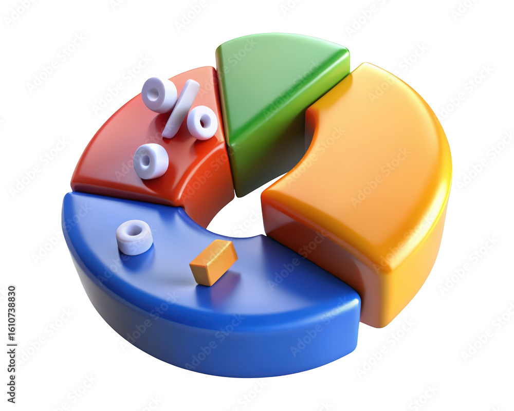 Poster colorful 3d rendered pie chart illustrating data visualization and business analytics with percentag