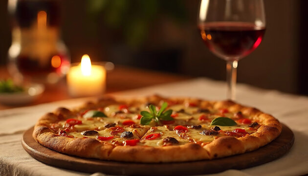 A pizza on a wooden plate, set with a glass of red wine and a candle, creating a romantic dinner setting.