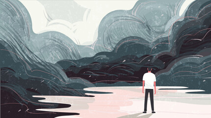 Depression and crisis in life. Man standing alone against dark abstract stormy landscape. Flat vector illustration of psychology. Concept of loneliness, strong emotions, psychological trauma.