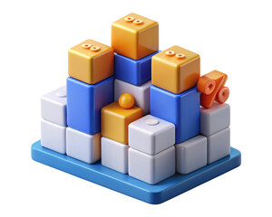 Fototapeta premium Isometric block chart depicting growth and percentage with white blue and orange tones against a dark background business and financial graphic