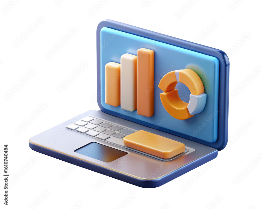 Poster modern 3d laptop illustration showing financial data analysis bar graph and pie chart representing b
