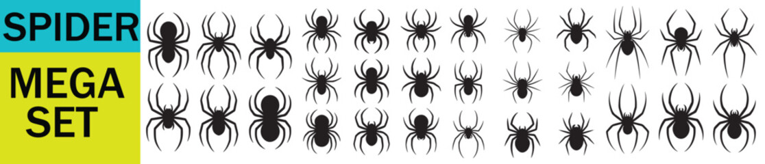 A large collection of spider silhouettes arranged in rows on a white background mega set design
