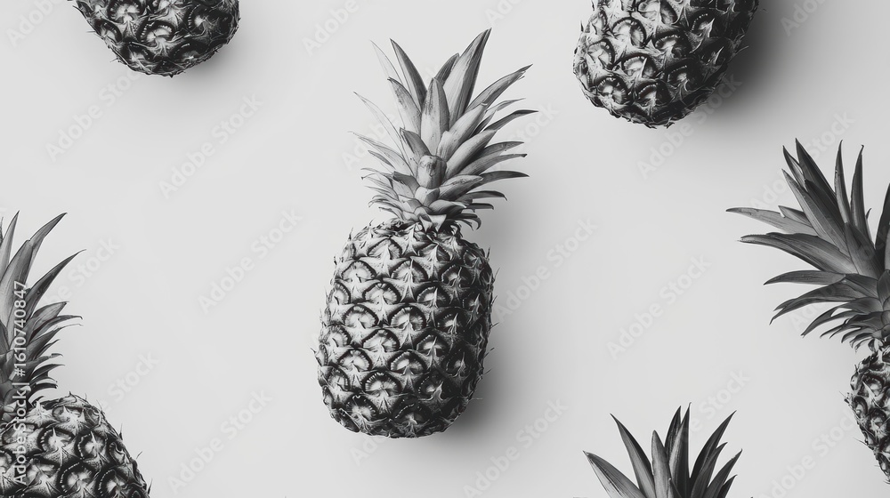 Poster monochrome pineapples arranged in a stylish pattern on a light gray background.