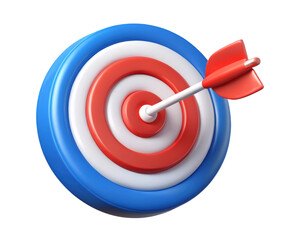 Red arrow hitting the bullseye target center 3d render illustration on background achieving success and goals for business and marketing