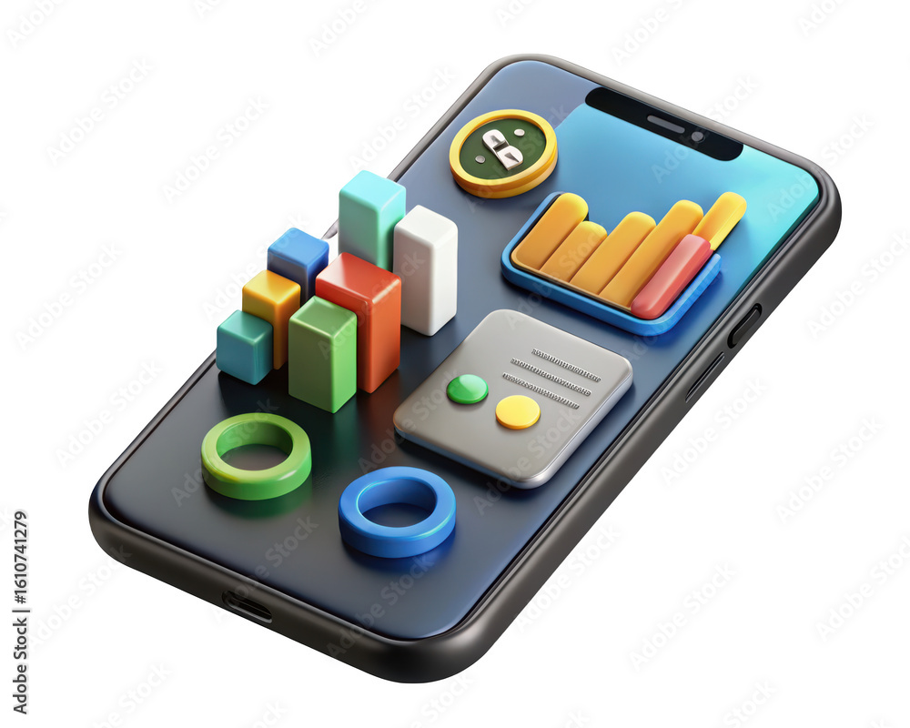 Poster smartphone with 3d business analytics graphics depicting financial data presentation and growth anal