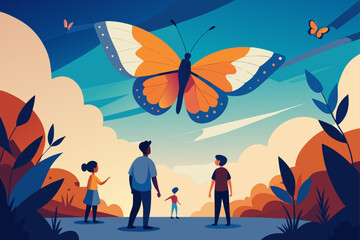 Family gazes up at giant butterfly in scenic landscape