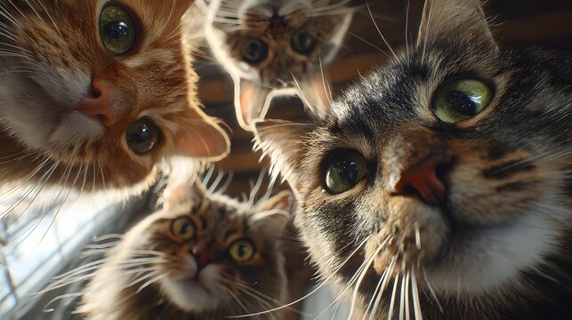 Four curious cats looking down into the camera, capturing their adorable faces from a low angle perspective