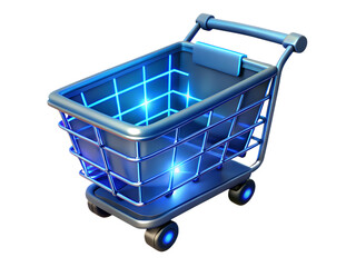 A shiny blue shopping cart with glowing lights, isolated on white isolated on transparent background
