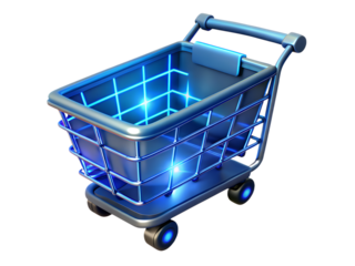 A shiny blue shopping cart with glowing lights, isolated on white isolated on transparent background