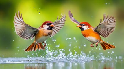 Two vibrant birds in flight, splashing water.