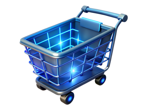 A shiny blue shopping cart with glowing lights, isolated on white isolated on transparent background