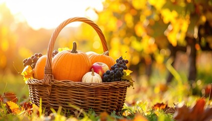Basket filled with pumpkins, apples, and grapes on an autumn background.