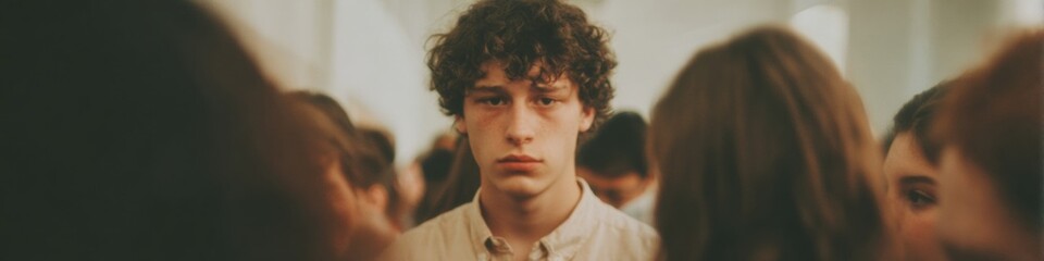 Obraz premium Authentic Young Boy Feeling Isolated in Crowded School Hallway Premium Education Content for Youth Support Campaigns and Social Media Awareness