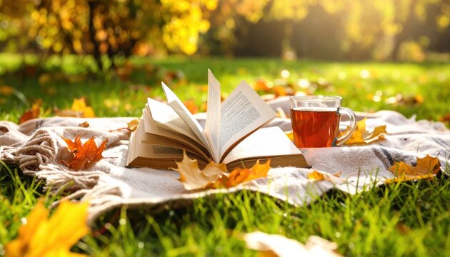 Blanket on grass with a book, warm drink, and scattered autumn leaves. - Powered by Adobe