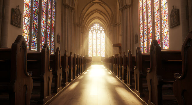 Sunlight streams through stained glass windows in a church nave