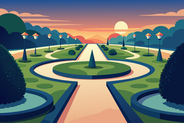 Stylized geometric garden with a central fountain and pathways