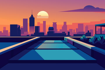 Rooftop cityscape at sunset with modern architecture