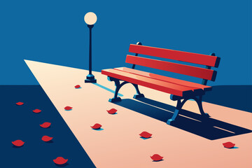 Red park bench and lamppost on a dark blue night with scattered red leaves