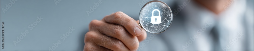Poster professional cybersecurity vulnerability scan with magnifying glass and digital padlock icon modern 
