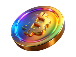 A shiny gold bitcoin coin with a rainbow effect isolated on transparent background