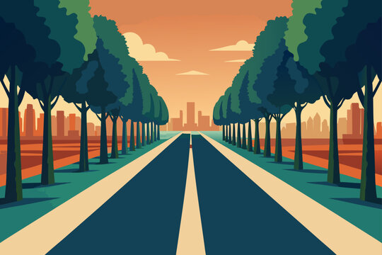 A symmetrical tree lined path leading to a distant solitary tree under a cloudy sky