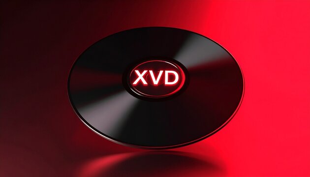 Sleek black digital disc labeled &ldquo;XVD&rdquo; resting on a glass surface, illuminated by soft red ambient light and sharp reflections around the edge 