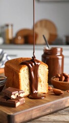 Creamy chocolate sauce drizzled over a sliced loaf of bread, accompanied by almonds and chocolate pieces on a wooden board