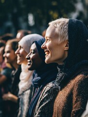 Obraz premium Authentic Diverse Group Smiling Outdoors in Urban Setting Premium Inclusive Content for Modern Marketing and Social Media Campaigns Inspiring Global Connection