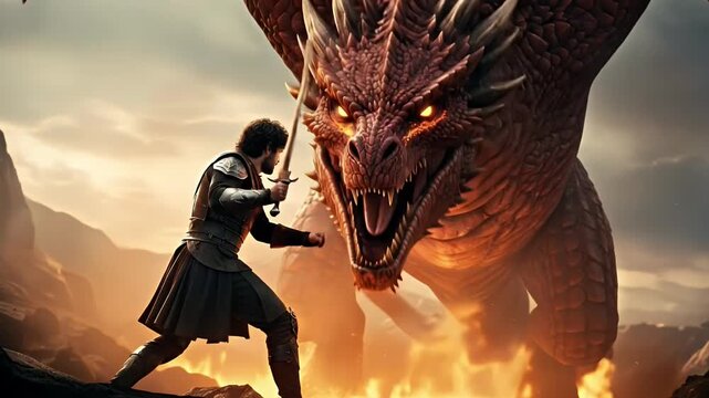 A valiant knight faces a formidable, fire-breathing dragon in an epic battle.