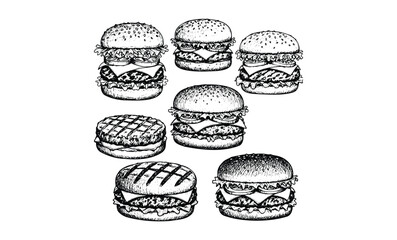 Hand-drawn burgers collection: vintage style illustrations of classic sandwiches. Vector retro hand drawn illustration