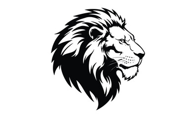 Fototapeta premium Majestic lion head silhouette in black and white with detailed mane. Vector retro hand drawn illustration