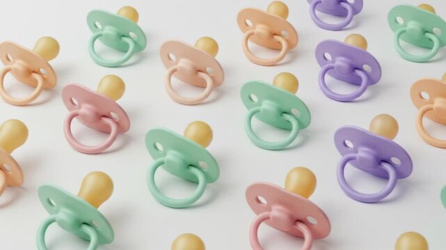 A patterned arrangement of baby pacifiers in various pastel shades (peach, pink, green, purple) on a white surface with a soft, diffused lighting