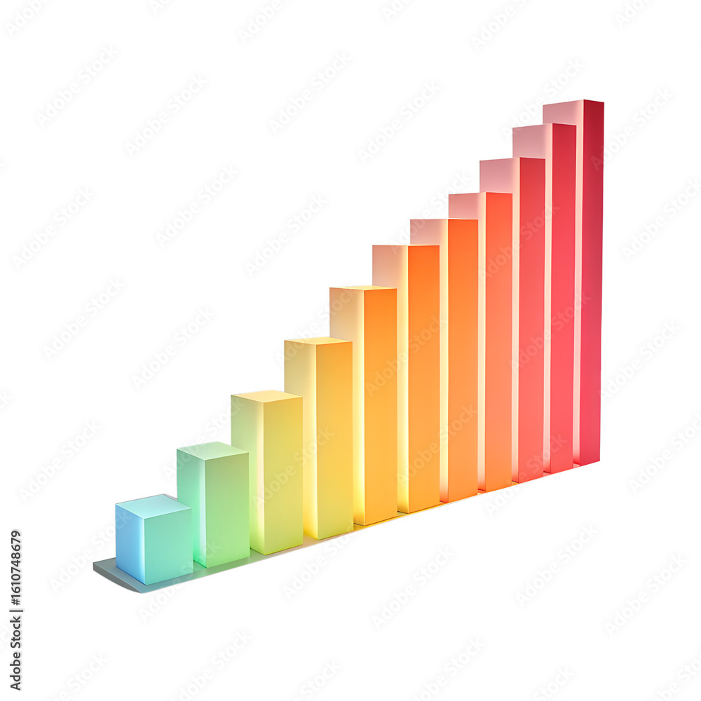 Poster rising bar graph with colorful gradient isolated on transparent background