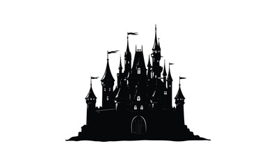 Fototapeta premium Majestic fantasy castle silhouette with towers and flags. Vector retro hand drawn illustration