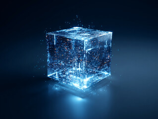 Glowing 3D transparent data cube with blue points and light rays on dark background, symbolizing AI and data flow.